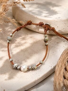 CHAN LUU STRATA LEATHER PEARL 925 STERLING SILVER BOHO BRACELET